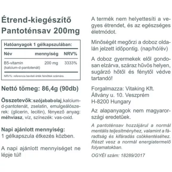 Vitaking B5 Pantoténsav 200mg (90) lágykapszula