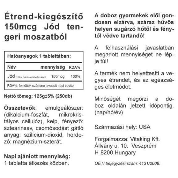 Vitaking Sea Kelp tengeri alga 150mcg (90) tabletta
