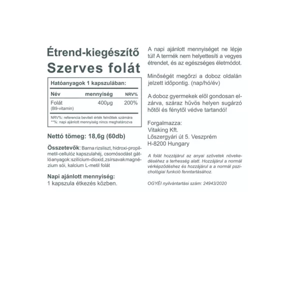 Vitaking Folate - B9 vitamin 400mcg (60) kapszula szerves folát