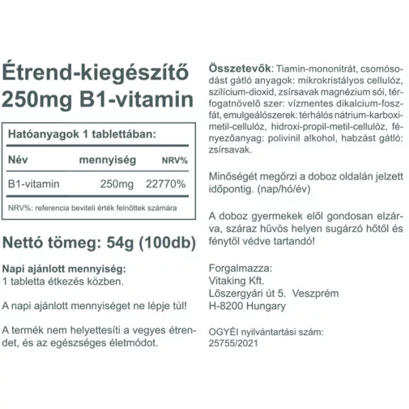 Vitaking B1 vitamin 250mg (100) tabletta