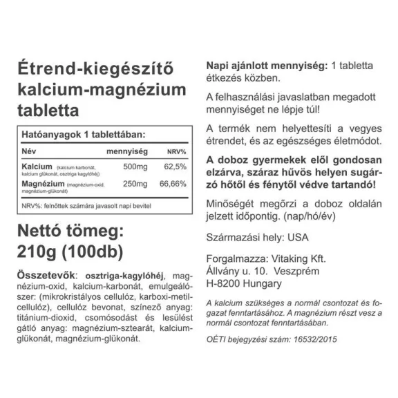 Vitaking Calcium+Magnesium 500mg/250mg (100) tabletta