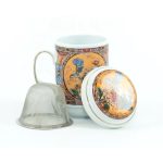 Porcelán teásbögre 330ml BIG TEA 4 féle mintával, peremes tetővel + fém szűrővel