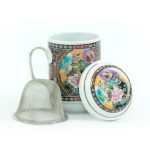 Porcelán teásbögre 330ml BIG TEA 4 féle mintával, peremes tetővel + fém szűrővel