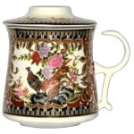 Porcelán teásbögre 260ml MINGXIN 4 féle mintával, kúpos tetővel és fém szűrővel