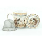 Porcelán teásbögre 260ml SEPTUM 3 féle mintával, lapos tetővel és fém szűrővel