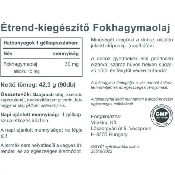 Vitaking Fokhagymaolaj 15mg Allicin (90) lágykapszula