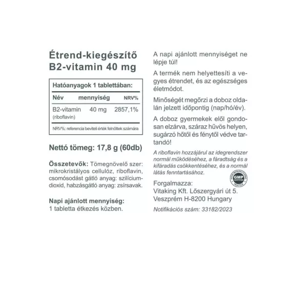 Vitaking B2 vitamin Riboflavin 40mg (60) tabletta