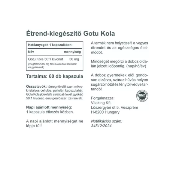 Vitaking Gotu Kola kivonat 2000mg (60) vegán kapszula (Ázsiai gázló)