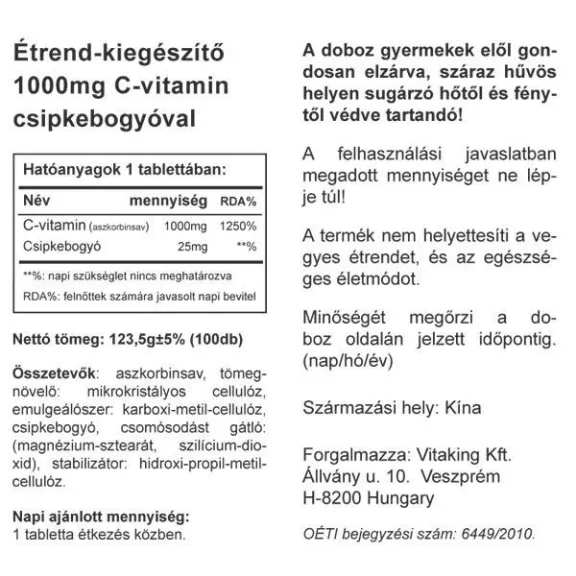Vitaking C-1000 Csipkebogyóval (100) tabletta Vitaking C-1000 Csipkebogyóval (100) tabletta