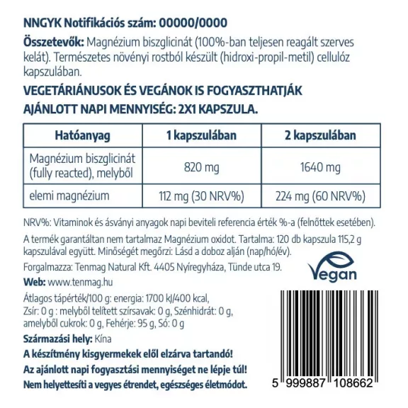 Tenmag Magnézium Biszglicinát 120db kapszula Tenmag Magnézium Biszglicinát 120db kapszula